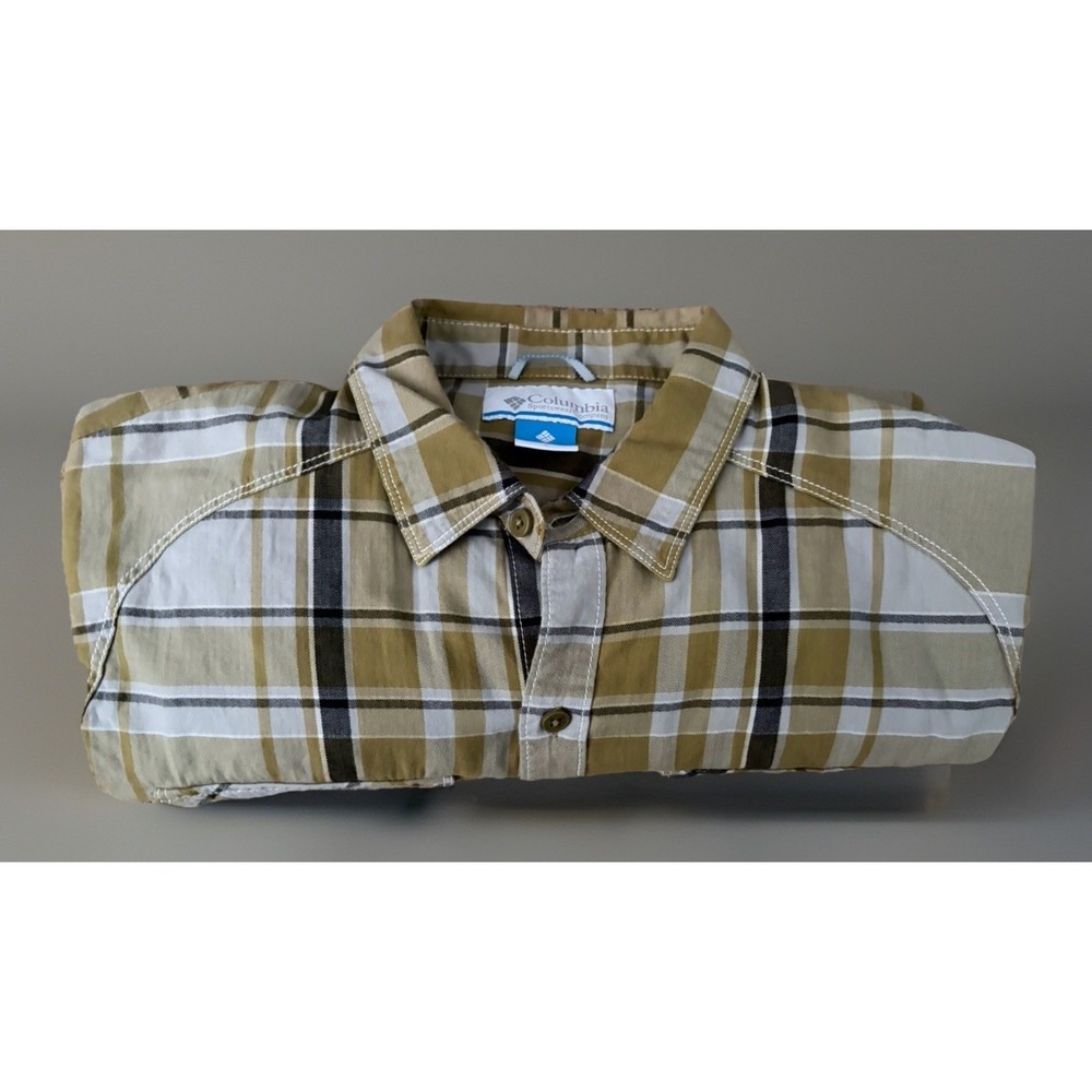 Columbia Long Sleeve Button Up Shirt Plaid Logo Pockets Brown White Large JBHS - Picture 9 of 11